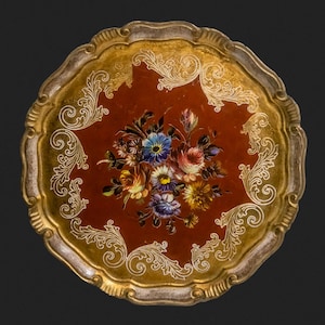 Red & Gold Round Tray • Traditional Florentine hand-carved hand-painted wooden tray with flowers. Round flowers tray. Italian vintage, 1960s