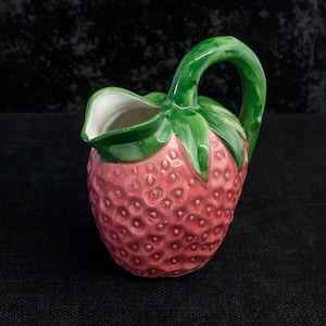 Big Pink Ceramic Pitcher. Vintage Italian ceramic strawberry pitcher. Whimsical kitchen decor. 1500 ml pink-green jug, Italy, 1980s