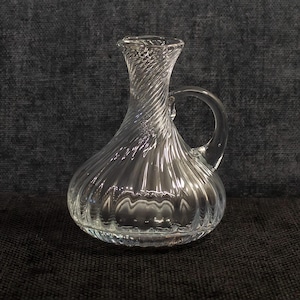 Small Italian Glass Pitcher • Vintage Italian hand-blown spiral ribbed glass cruet. Mid-century modern small (500 ml)  clear wine carafe