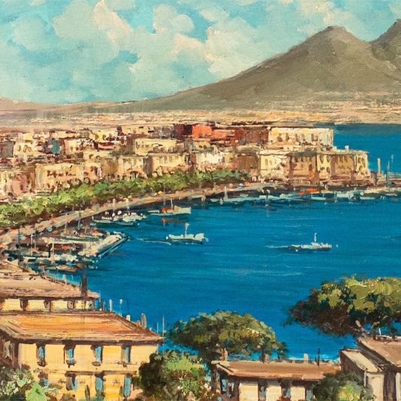Vintage Italian Oil Painting: Gulf of Naples, Vesuvius, 1950s