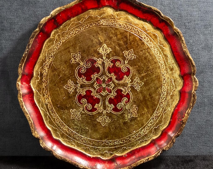 Red & Gold Wooden Tray: Florentine Hand-painted Round Large Tray ...