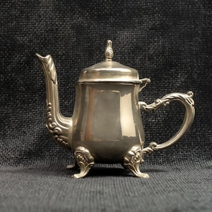 Small Coffee-Tea Pot • Old silver-plated miniature teapot or coffee pot with ornate details. Good condition, clean inside, vintage 1930s
