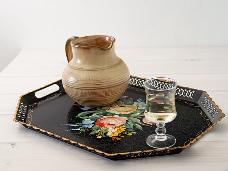 Black Metal Tray With Flowers French Vintage 1960s. Black Etsy