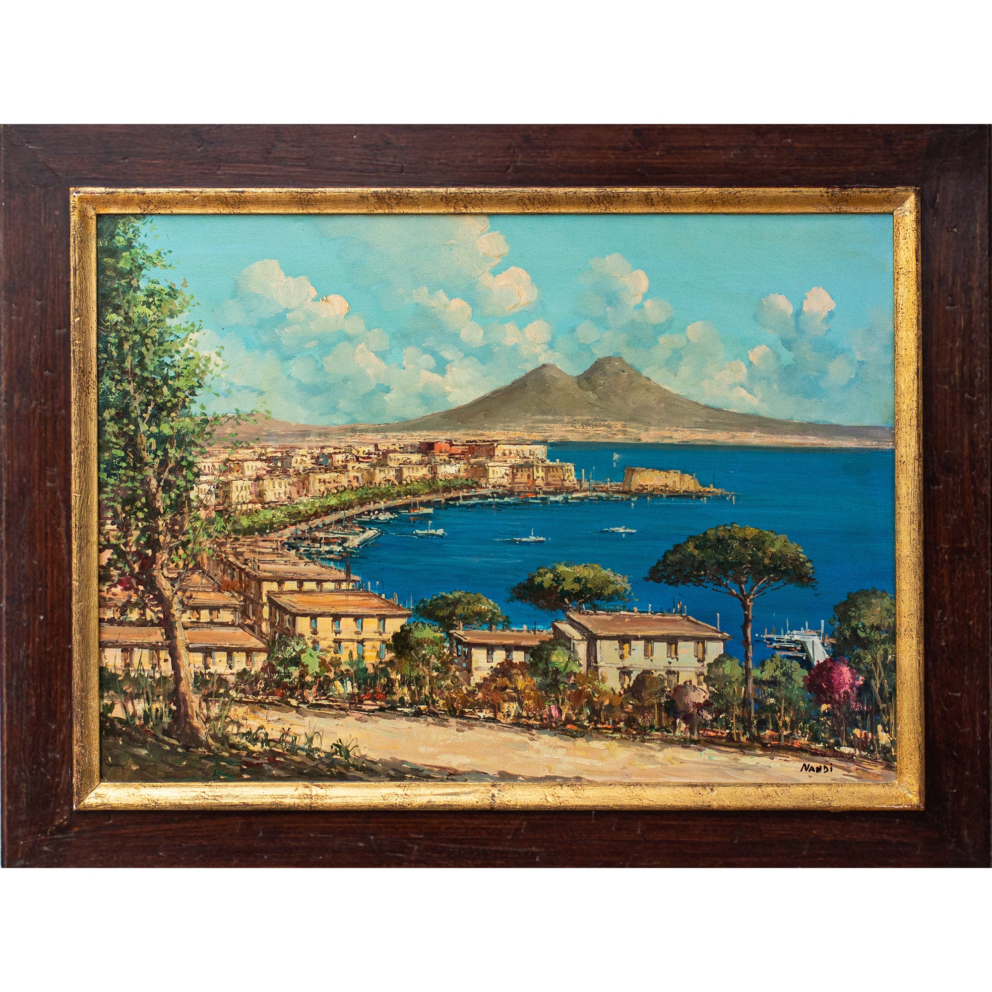 Vintage Italian Oil Painting: Gulf of Naples, Vesuvius, 1950s