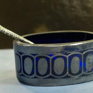 Vintage Cobalt Blue Glass Salt Cellar with Silver-Plated Spoon, Italy England