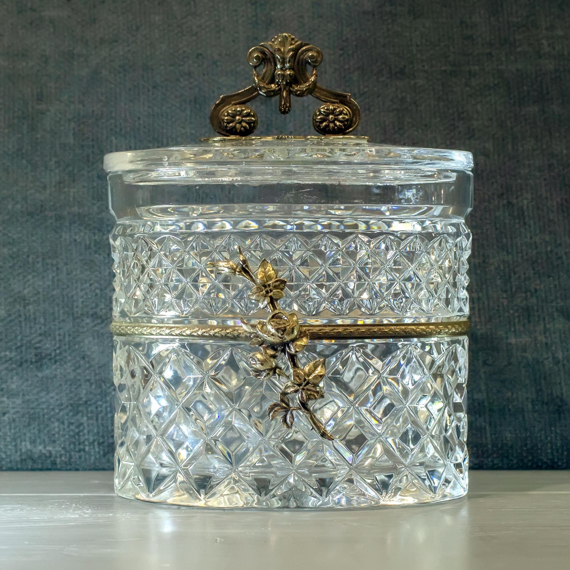 Vintage Crystal Jar • Vintage Italian Cut Crystal Bonbonnière Box with 800 Silver Accents. Elegant Trinket Container, perfect condition, 50s