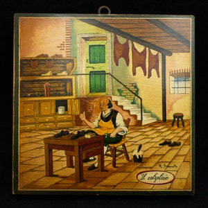 Vintage 'Shoemaker' Wood Picture: Italian Naive Rita Simonetto Art, Signed