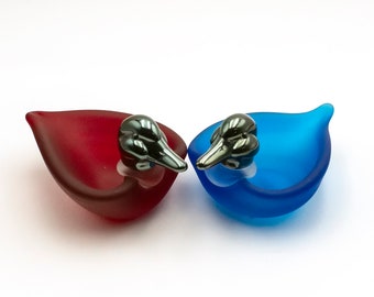 Red & Blue Matte Murano Glass Ducks • Pair of vintage matte Murano glass ducks with silver 925 heads. Italy, 1990s, perfect condition
