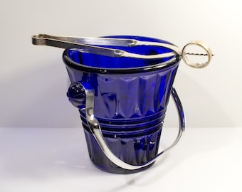 Vintage Blue Ice Bucket With Tongs • Italian solid blue glass ice bucket with a classcic degign. Convenient tongs for gripping ice, 1970s