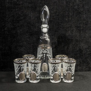 Italian Vintage Liqueur Set • Small decanter & six liqueur glasses with silver accents. Glass decanter and cordial glasses