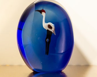 Vintage Blue Glass Paperweight • Solid blue glass with a figure of a stork inside. Heavy, intense blue, with a symbolic stork, Scotland