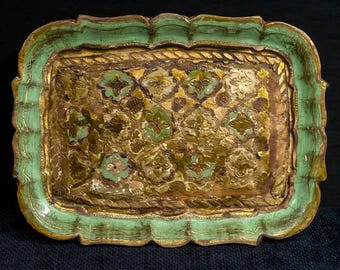 ヴィンテージ ソレンティーヌ象嵌木製トレイ：花柄モザイク、真鍮