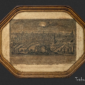 Roma. Cuadro octogonal antiguo enmarcado. Tíber, Castillo Sant'Angelo, Catedral de San Pedro, Montes Tuscolanos. Principios del siglo XX.