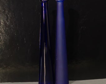 Two Paired Blue Vintage Vases • Italian blue glass, one matte, the other glossy. Minimalist shape, strict lines, wonderful color, Italy 1980