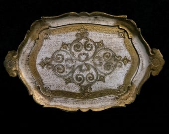 Florentine Vintage Tray: Gold & White Hand-Painted Faux Wood, 1970s
