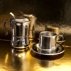 Small Coffee Maker With Cup & Saucer • Juanita Italian steel moka coffee pot. Home stovetop espresso maker with 1 vintage stainless termocup