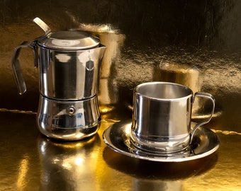 Small Coffee Maker With Cup & Saucer • Juanita Italian steel moka coffee pot. Home stovetop espresso maker with 1 vintage stainless termocup