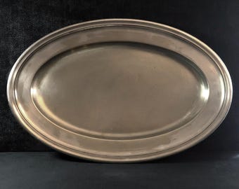 Large Oval Metal Tray Broggi. Minimalist nickel silver serving tray, Italian vintage