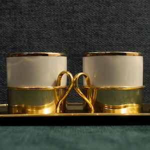Two Small Vintage Coffee Cups • Italian tête-à-tête coffee set for espresso. Porcelain white small cups in gold metal holders with handles
