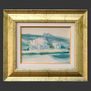 Vintage Framed Watercolor. Blue picture by an Italian artist from the end of the last century. Beautiful landscape: houses on lake shore