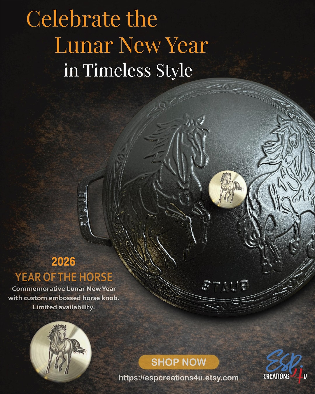 staub KNOB HORSE ゴールド　ノブ　日本国内未発売　純正品 Embossed Horse Knob for Staub Dutch Oven | Collector's Upgrade - Etsy