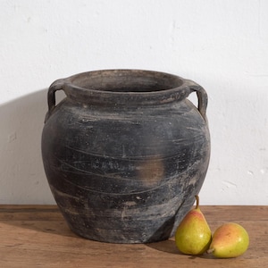 Peut inclure: Un grand pot en céramique gris foncé avec deux anses. Le pot a une large ouverture et un corps arrondi. Deux poires aux teintes vertes et rouges reposent sur une surface en bois devant le pot. Le fond est un mur blanc.