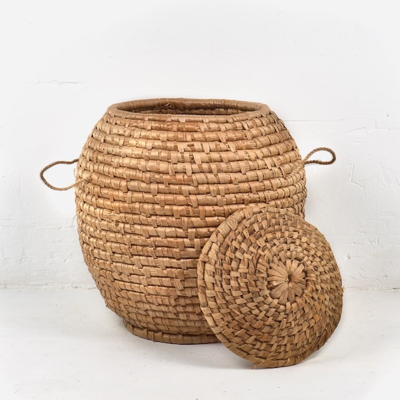 Grand Panier Osier Ancien Avec Couvercle - French Basket - Dimensions 52x31x45 Cm