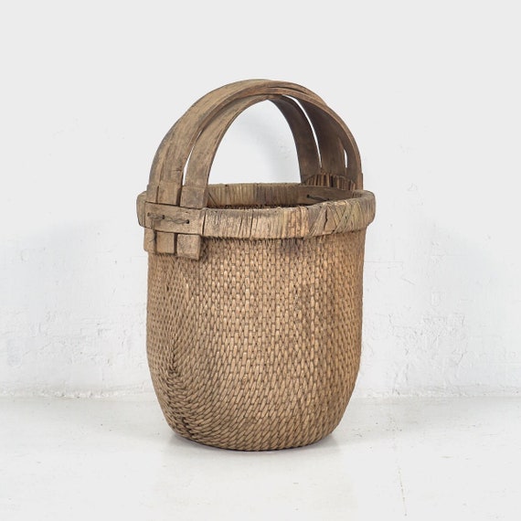 Antique Fisherman's Basket With Solid Wood Handle #5