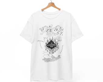 Camiseta con ilustración HP del Mapa del Merodeador / Mapa de castillo vintage, tipografía de aventura
