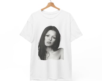 90s Icon Kate Moss Black and White Portrait Tee | Woman Face Photo T-Shirt
