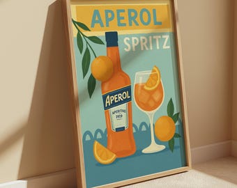 Lámina artística vintage de Aperol Spritz / Póster retro de cóctel italiano / Decoración vibrante de bar / Ilustración inspirada en Capri