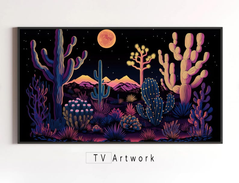 Samsung Frame TV Art Bioluminescentcactii in the Dark Desert Neon