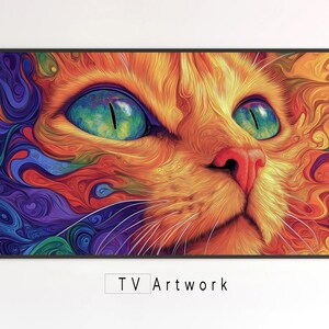 May include: A close-up of a cat's face with vibrant orange, yellow, and green fur. The cat's eye is a bright green, and the background is a swirling mix of purple, blue, and orange.