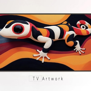 May include: Abstract painting of a colorful gecko on a background of orange, yellow, and black wavy lines. The gecko is white, black, red, and orange.