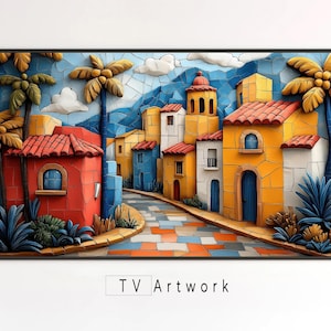 Puede incluir: Una obra de arte de mosaico colorido que representa un pueblo pintoresco con casas en tonos amarillos, rojos y azules. Palmeras y vegetación exuberante rodean los edificios, creando un ambiente vibrante y tropical.