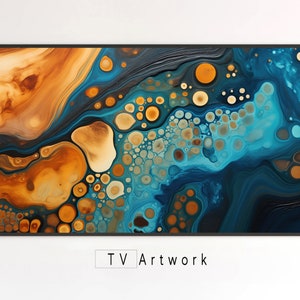 May include: Abstract painting with swirling blue, brown, and gold paint. The paint creates a pattern of bubbles and swirls.