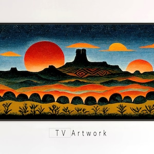 Puede incluir: Una pintura de paisaje estilizada con un cielo azul oscuro, dos soles naranjas y una silueta oscura de una cordillera con un patrón geométrico. La pintura está enmarcada en negro.