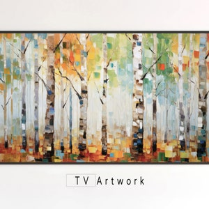 Pode incluir: Pintura abstrata de uma floresta de bétulas com uma mistura de cores verdes, azuis, amarelos, laranjas e brancos. A pintura é emoldurada em uma moldura preta. "TV Artwork" está escrito em preto abaixo da pintura.