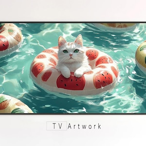 May include: A white cat with green eyes floats on a red and white watermelon-patterned inflatable ring in a blue pool. The cat is looking at the camera.