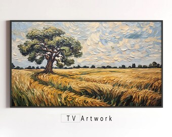 Samsung Frame TV Art | Old Tree Watches Wheat Turn Golden | Impasto, Pastoral, Landscape | Digital Artwork for The Frame TV