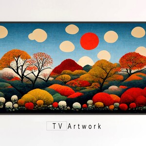 Puede incluir: Pintura abstracta de un paisaje colorido con colinas rojas, amarillas y verdes, árboles y un gran sol rojo en un cielo azul con nubes blancas. La pintura tiene un aspecto caprichoso y estilizado.