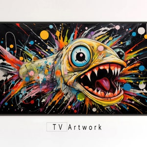 Samsung Frame TV Art | Crazy Piranha | Psychedelic, Splatter, Fish Portrait | Digital Artwork Display Screens and Wallpaper