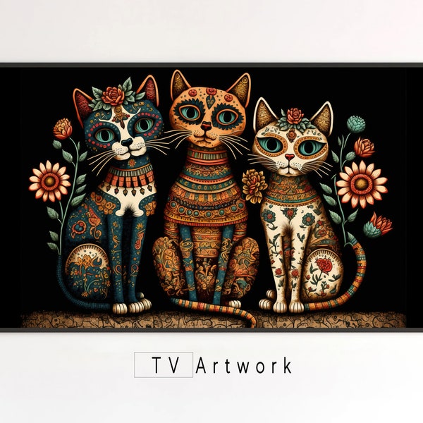 Samsung Frame TV Art. 3 Muertos Cats. Colorful, Folk Art, Dia De Los Muertos. Digital Artwork for Art Display Screens.