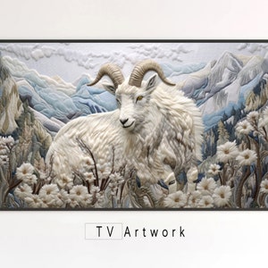 Könnte beinhalten: Ein weißes Bergziegenbock mit gekräuselten Hörnern steht auf einer Wiese mit weißen Blumen. Der Hintergrund ist eine Bergkette in Blau- und Weißtönen. Das Bild ist in einem schwarzen Rahmen gerahmt, unter dem Bild steht der Text "TV Artwork".