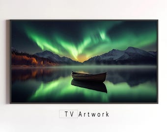 Samsung Frame TV Art | Boat, Lake, Aurora | Dreamlike, Photorealistic, Landscape | Digital Artwork for The Frame TV.
