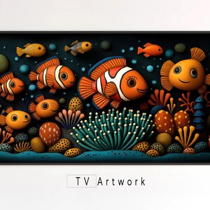 May include: A colorful illustration of clownfish swimming in a coral reef. The fish are orange and white with black stripes. The coral is a variety of colors, including pink, purple, and green. The background is a dark blue.