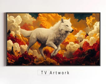 Samsung Frame TV Art | White Wolf of Fire and Brimstone | Dreamscape, Animal Portrait | Digital Illustration for Display and 4K Wallpaper