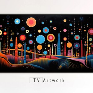 Samsung Frame TV-konst | Abstrakta ljus i bergen | Cirklar, mönster, futurism | Digital illustration för virtuell visning och tapeter