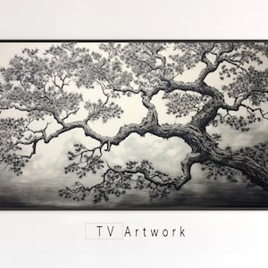 Puede incluir: Dibujo en blanco y negro de una gran rama de árbol con una corteza texturizada y muchas hojas. El árbol está dibujado sobre un fondo gris claro.