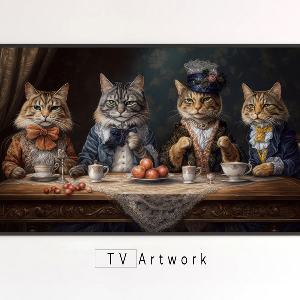 Samsung The Frame TV Art | Cat Tea Party | Cute felines doing human things | 4K Illustration for Virtual Display